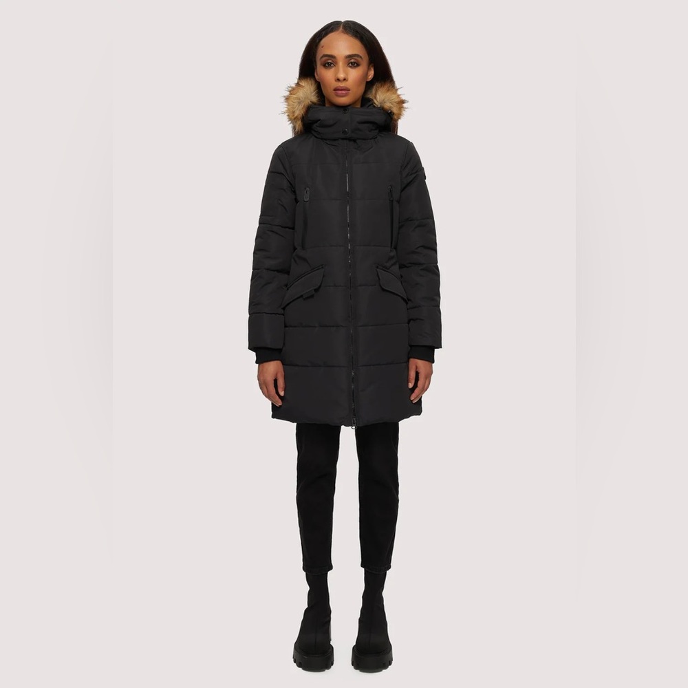 Noize Addie Mid Length Full Zip Parka Black Large * missing removable faux fur